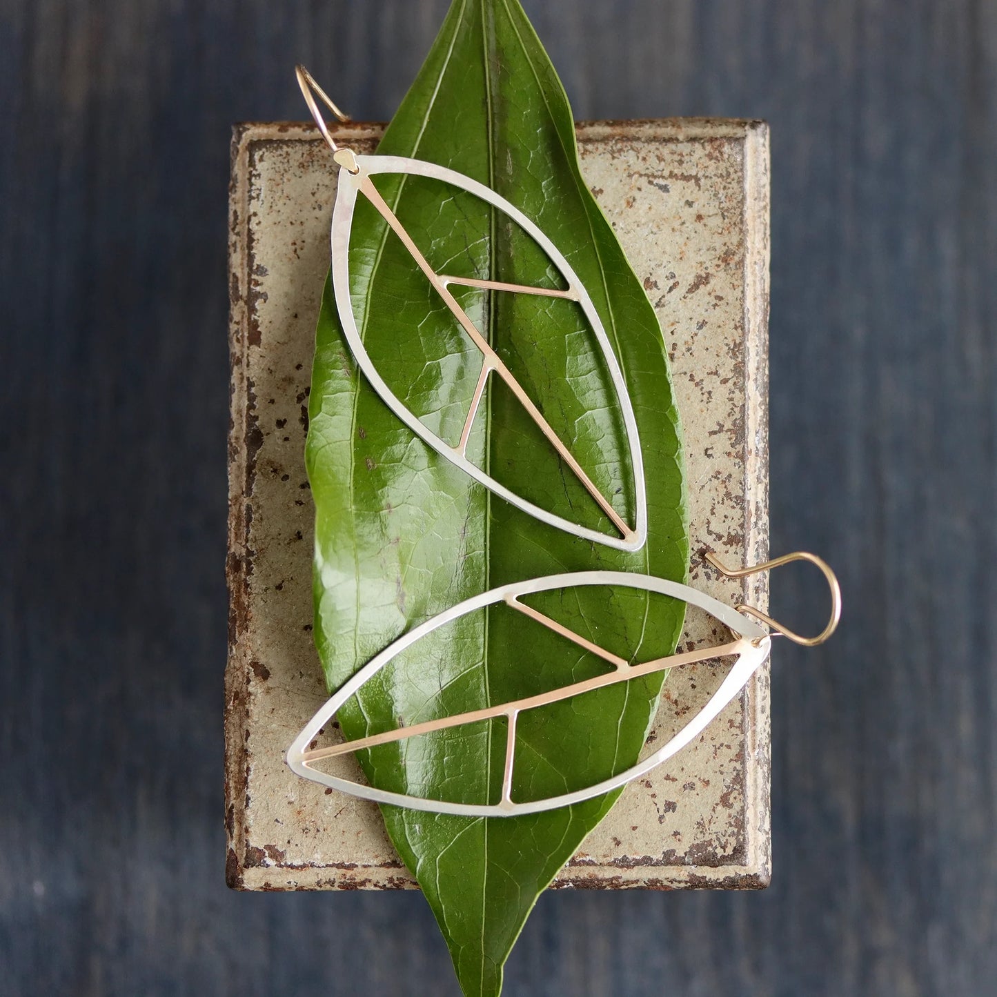 Beech Leaf Earrings in Mixed Metals