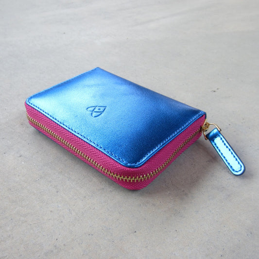Bella Mini Wallet: Blue with Fuchsia Zipper