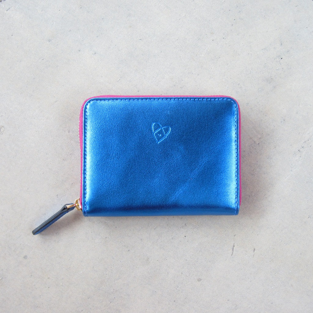 Bella Mini Wallet: Blue with Fuchsia Zipper