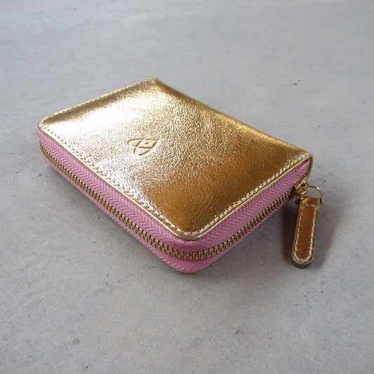 Bella Mini Wallet: Gold with Salmon Zipper