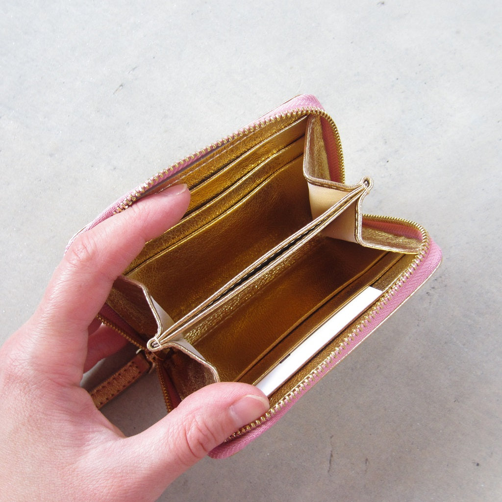 Bella Mini Wallet: Gold with Salmon Zipper