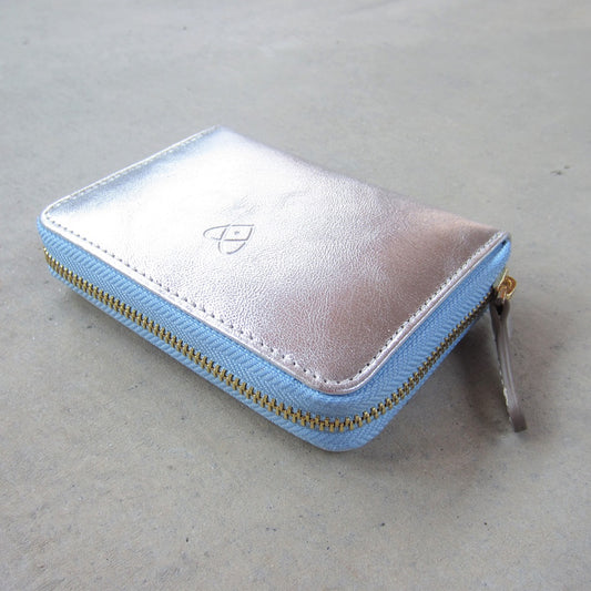 Bella Mini Wallet: Silver with Blue Zipper