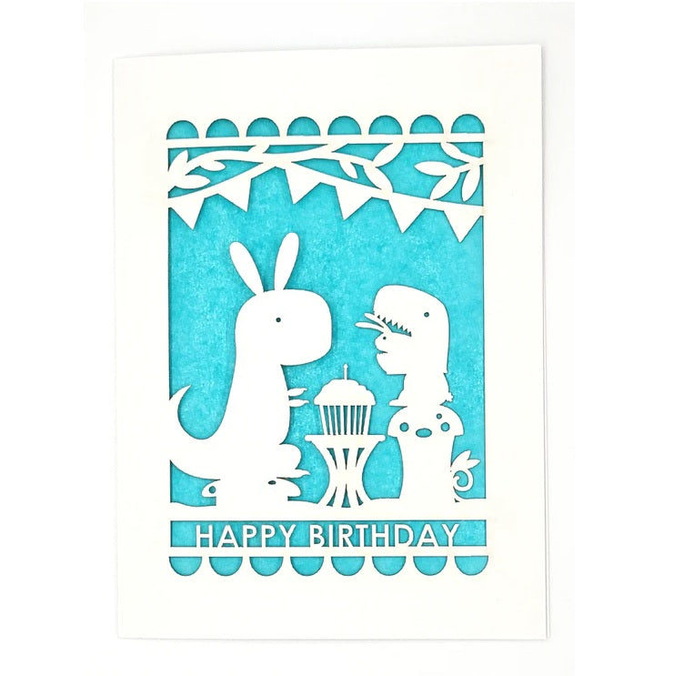 Laser Cut Greeting Card: Happy Birthday Dino and Bunny