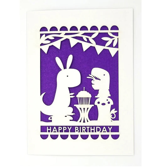 Laser Cut Greeting Card: Happy Birthday Dino and Bunny