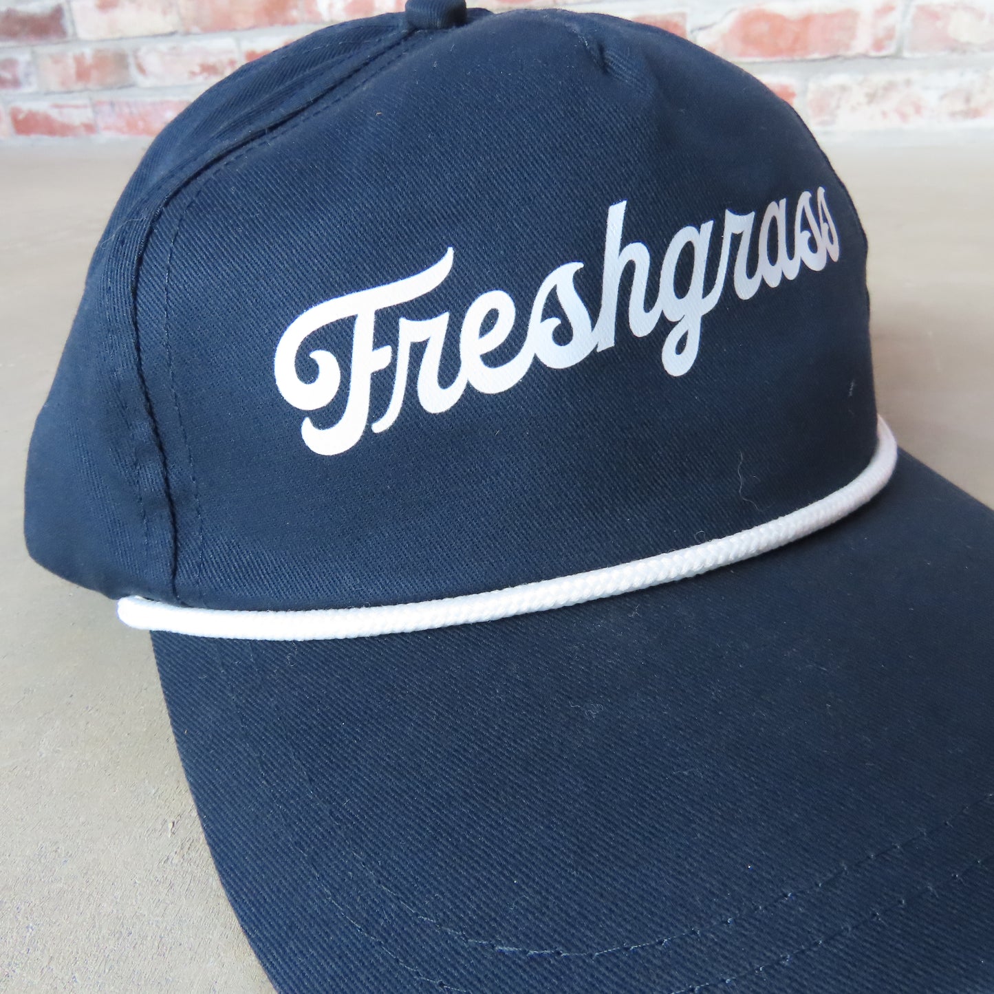 FreshGrass Hat: Navy Rope Hat with Cursive Logo