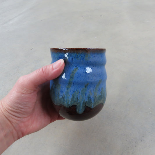 Medium Handmade Ceramic Tumbler: Cobalt Blue and Brown Glaze