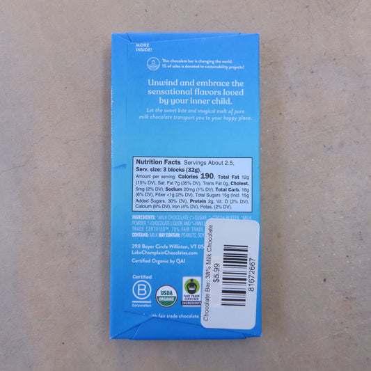 Chocolate Bar: 38% Milk Chocolate