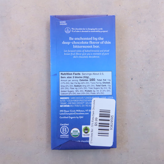 Chocolate Bar: 72% Extra Dark Chocolate