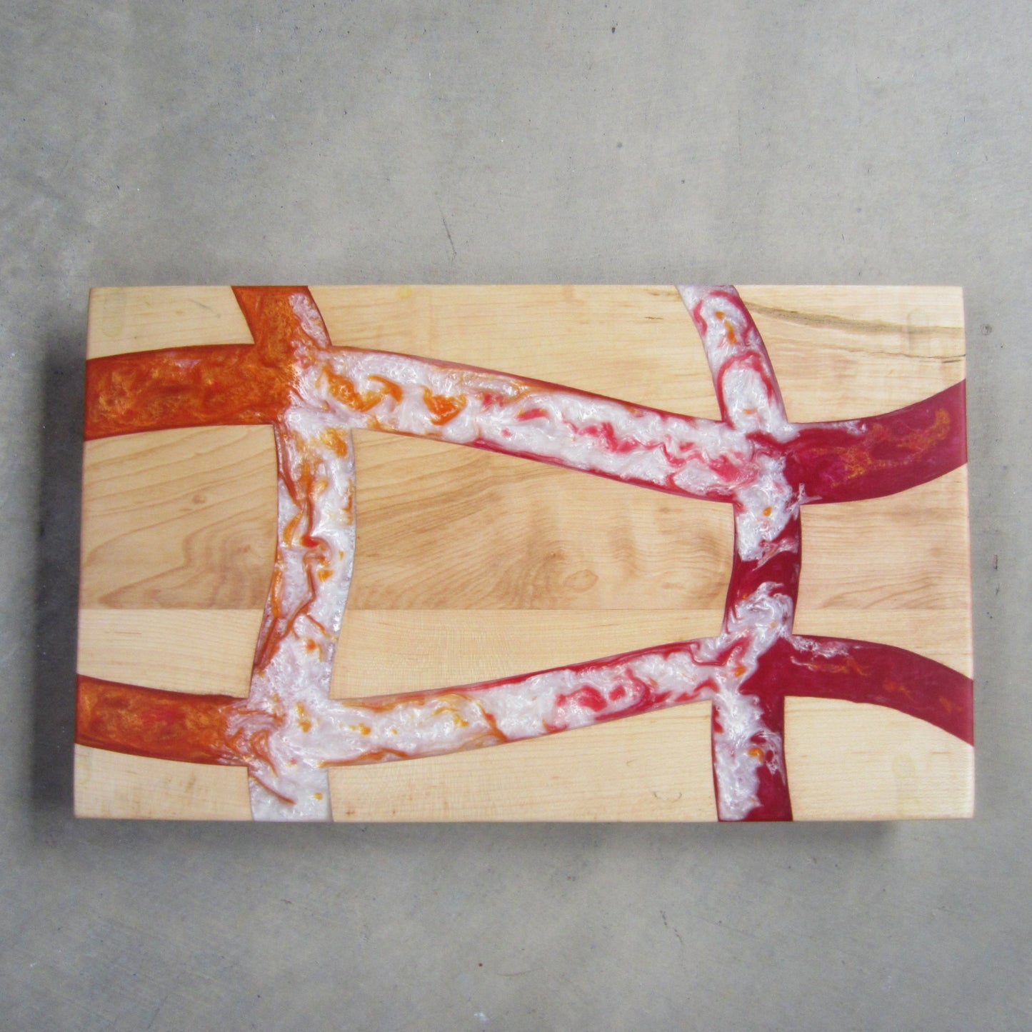 Large Serving Board: Maple with Red, Orange and White Epoxy Inlay