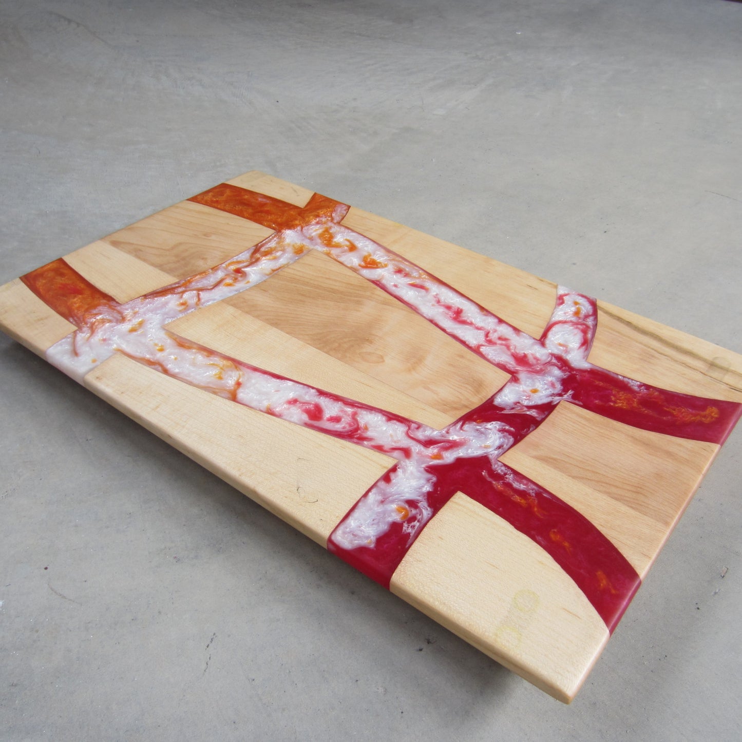 Large Serving Board: Maple with Red, Orange and White Epoxy Inlay