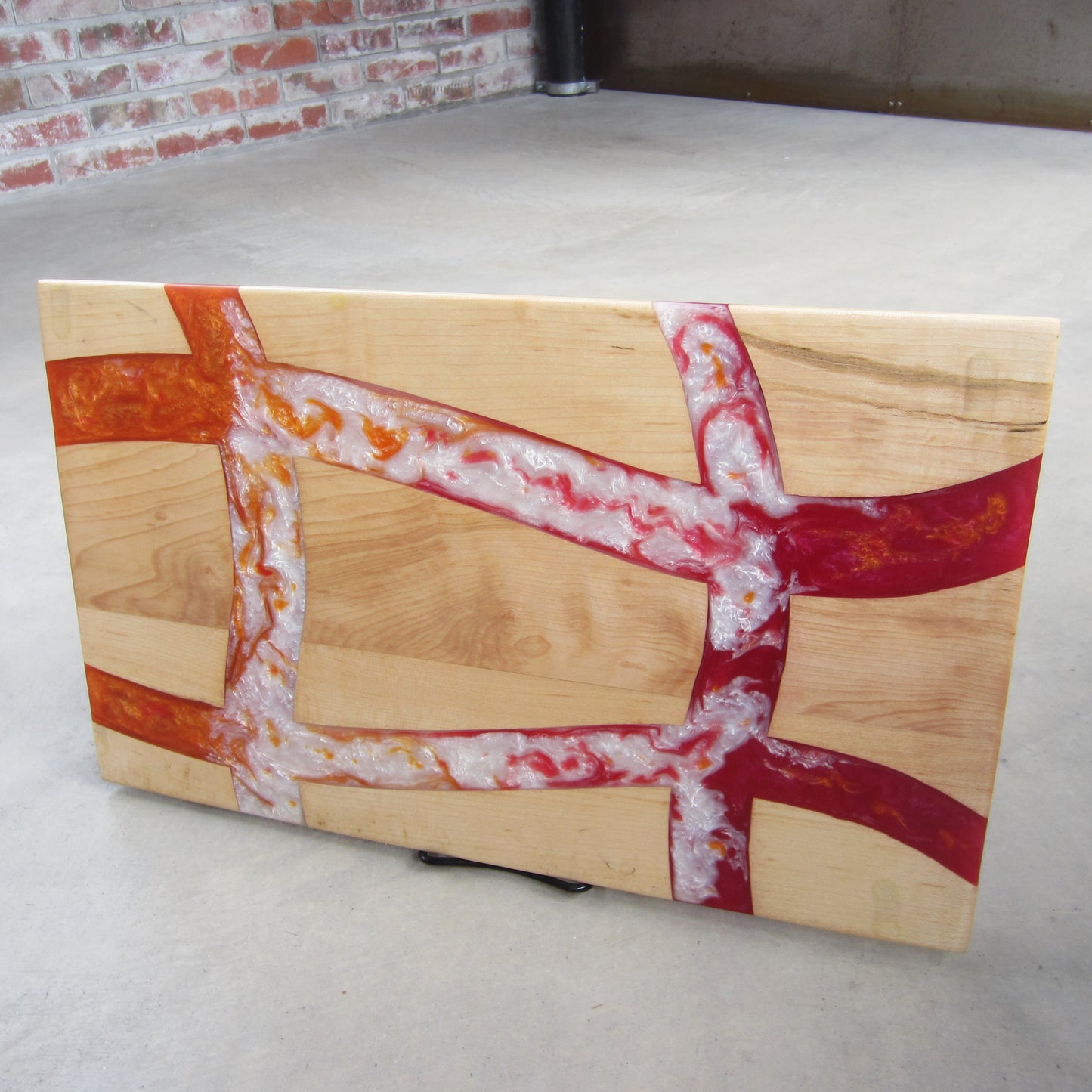 Large Serving Board: Maple with Red, Orange and White Epoxy Inlay