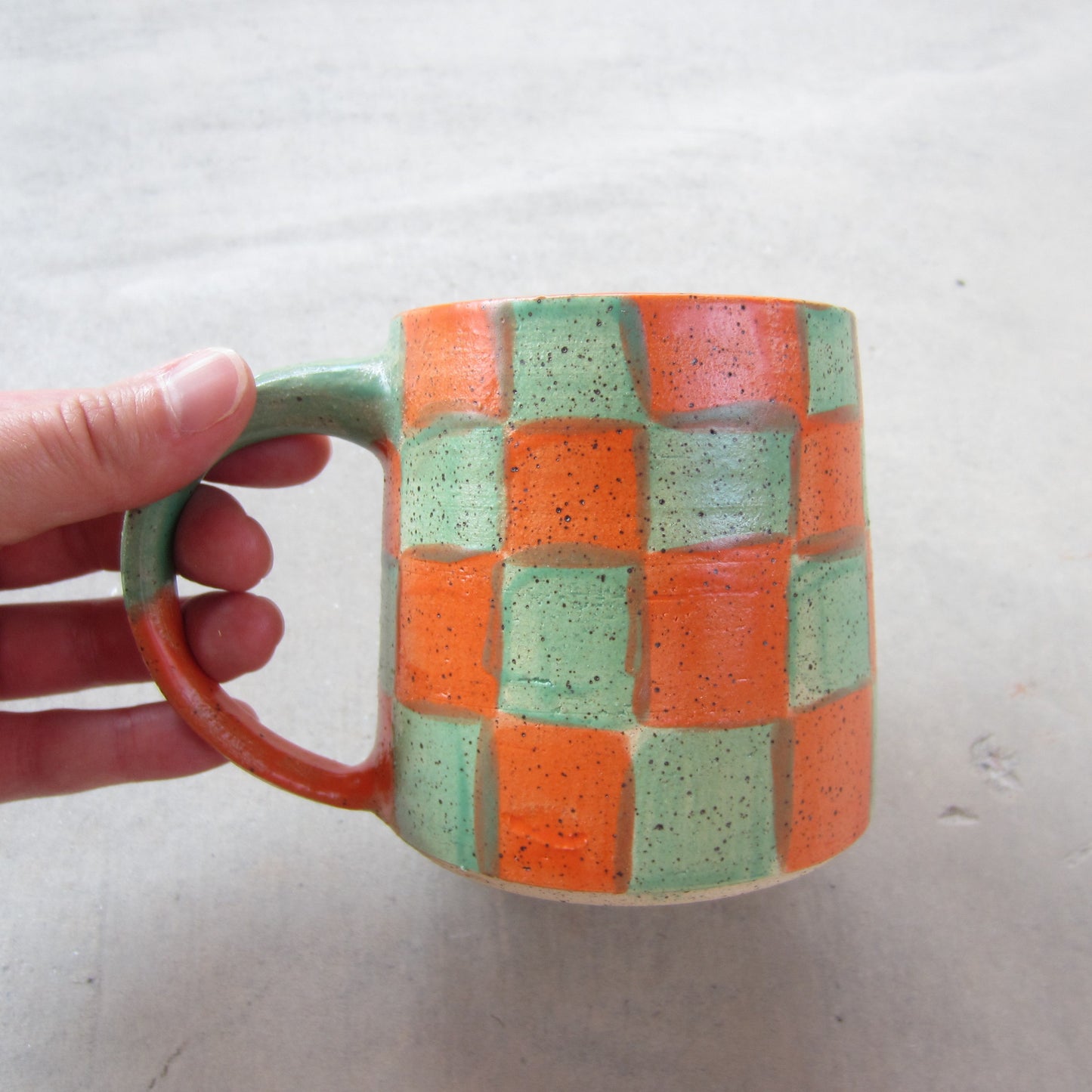 Speckled Stoneware Mug: Green and Orange Checkers