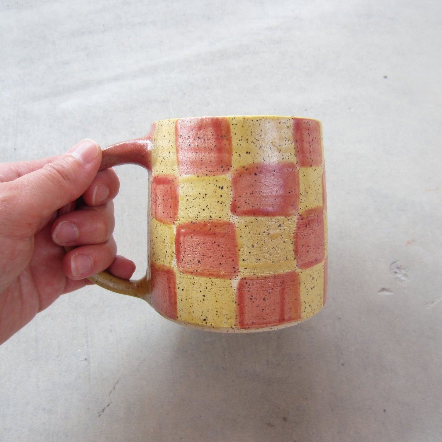 Speckled Stoneware Mug: Ketchup and Mustard Checkers