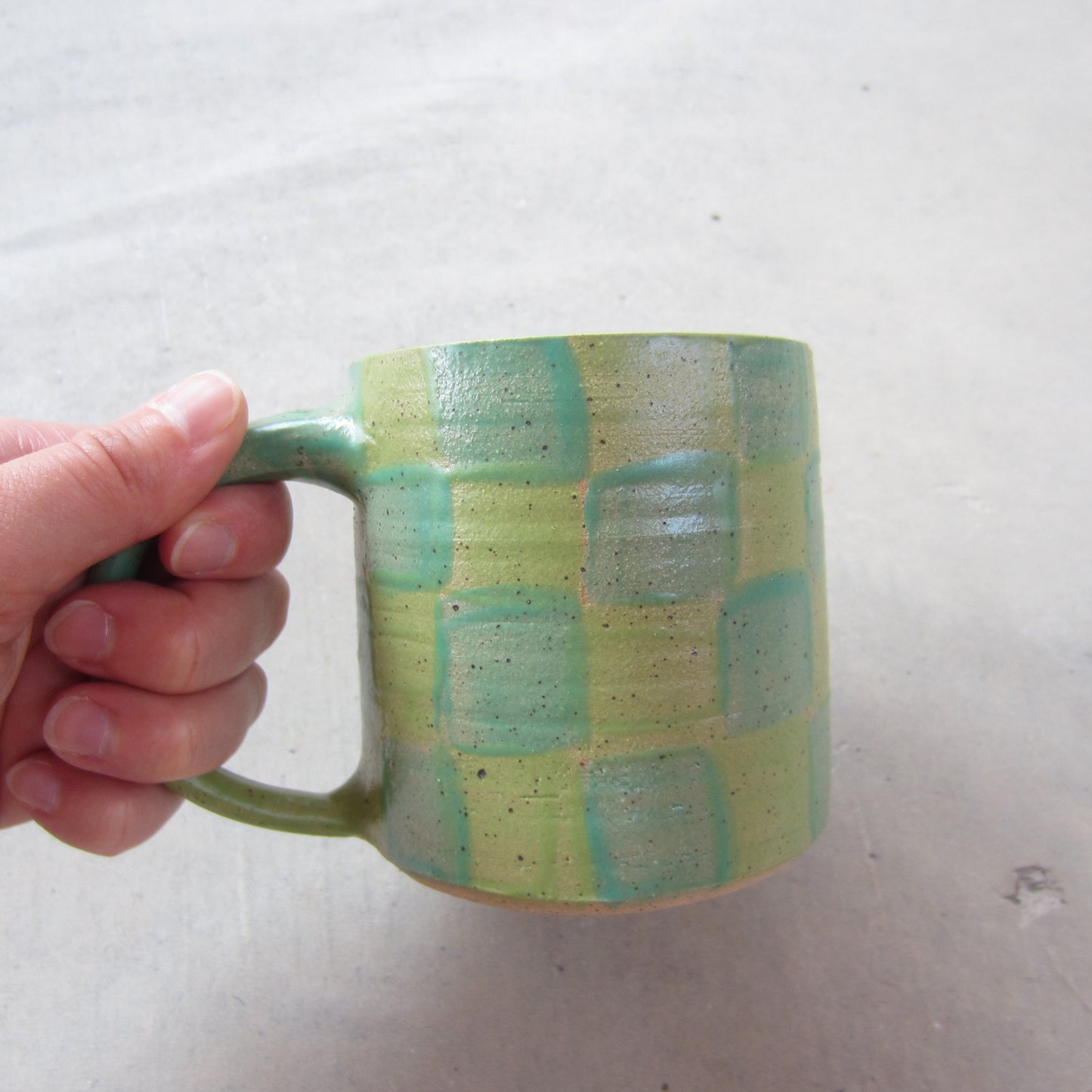 Speckled Stoneware Mug: Two Tone Green Checkers