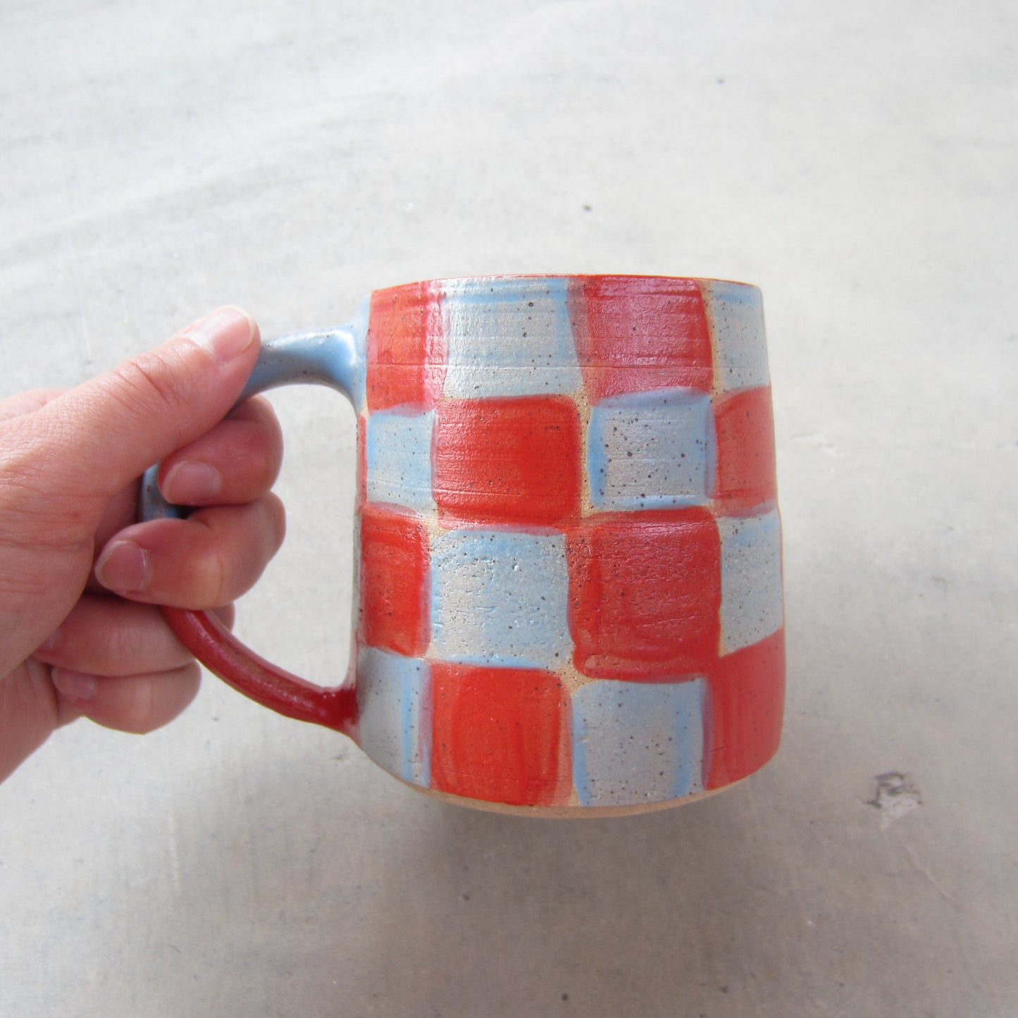 Speckled Stoneware Mug: Red and Pale Blue Checkers