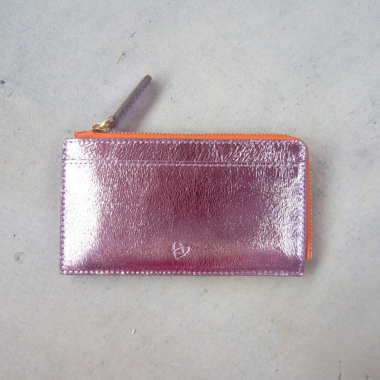 Kate Slim Zip Card Holder: Pink with Orange Zipper