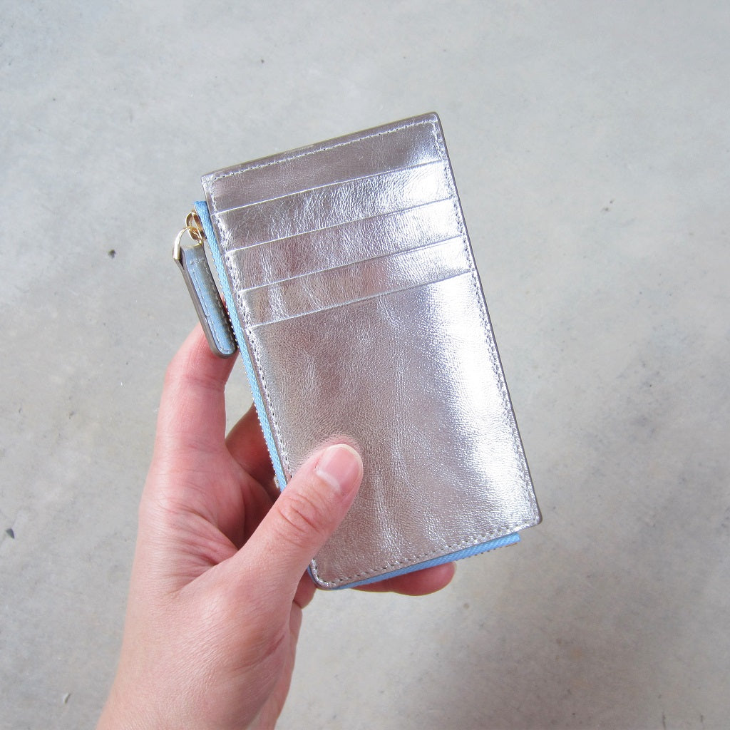 Kate Slim Zip Card Holder: Silver with Blue Zipper