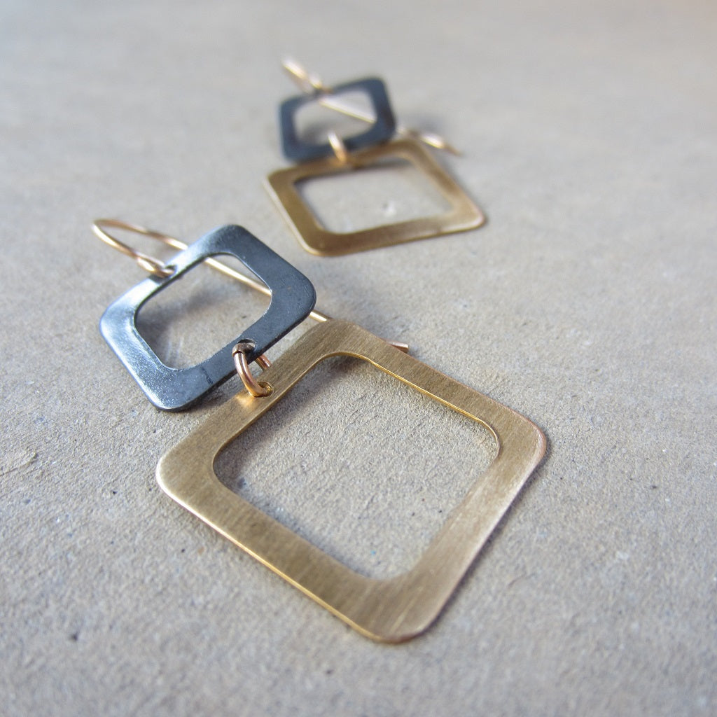 Brass and Oxidized Two Square Earrings