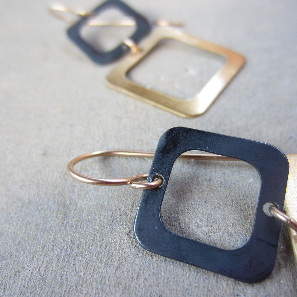 Brass and Oxidized Two Square Earrings