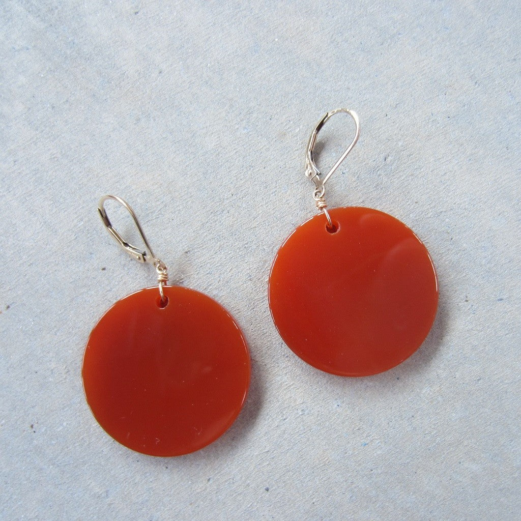 Large Carnelian Coin Lever Back Earrings in 14k Gold Fill for Willpower
