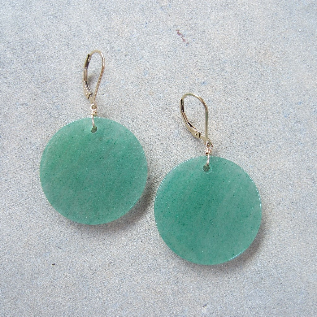 Large Green Aventurine Coin Lever Back Earrings in 14k Gold Fill for Prosperity