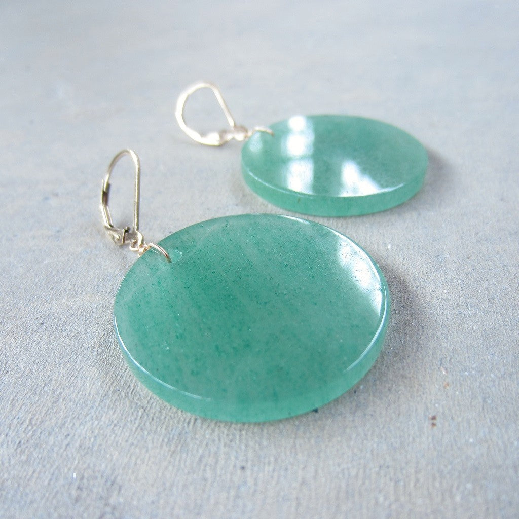 Large Green Aventurine Coin Lever Back Earrings in 14k Gold Fill for Prosperity