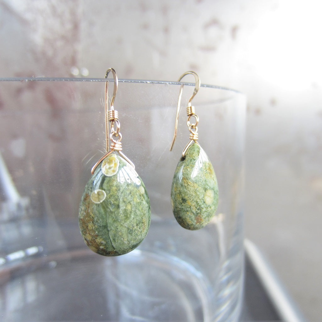 Rhyolite Teardrop Earrings in 14k Gold Fill for Being Present