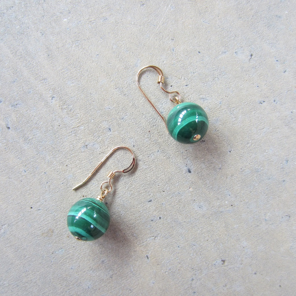 Round Malachite Earrings in 14k Gold Fill for Inner Strength