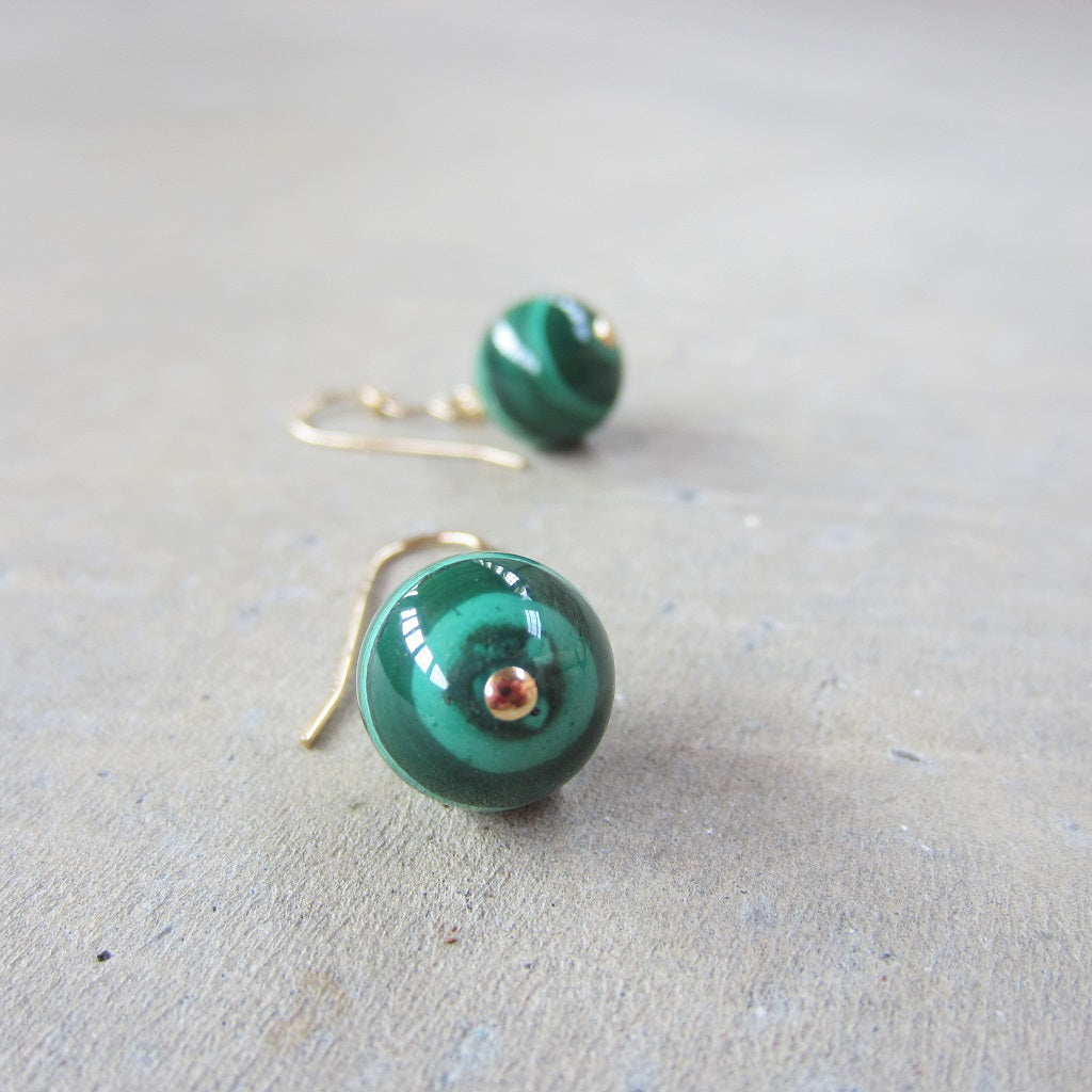 Round Malachite Earrings in 14k Gold Fill for Inner Strength