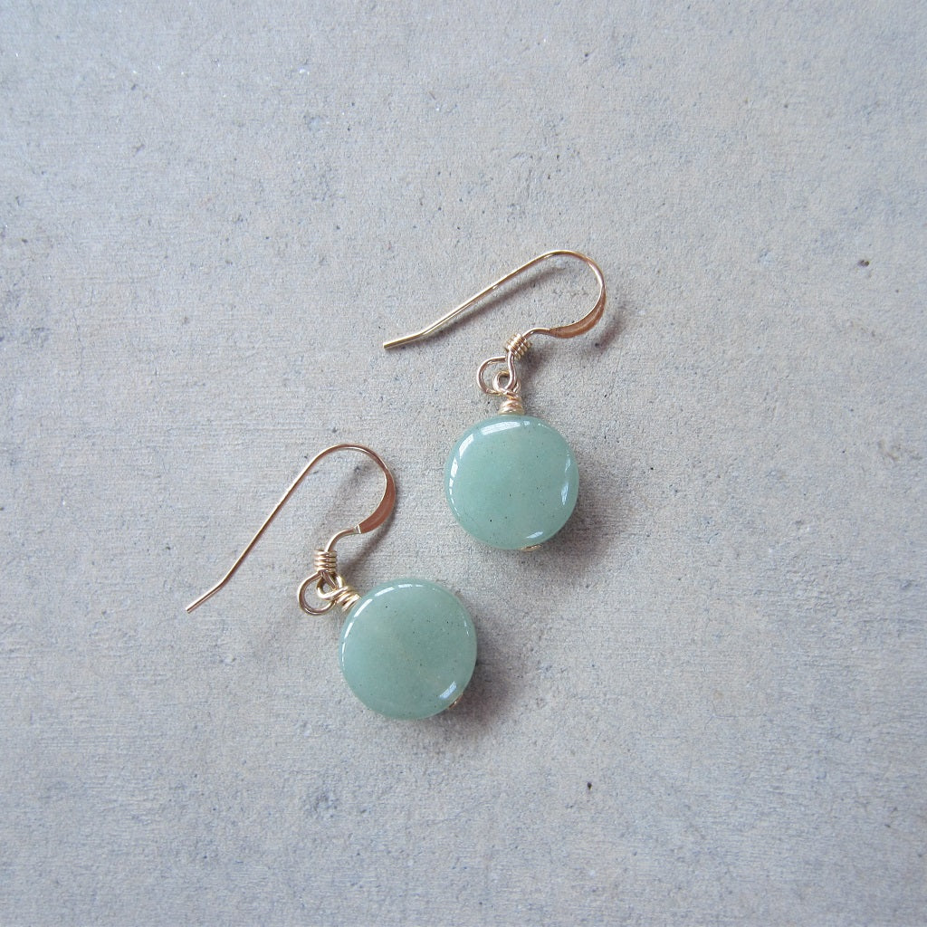 Small Circular Green Aventurine Earrings in 14k Gold Fill for Prosperity