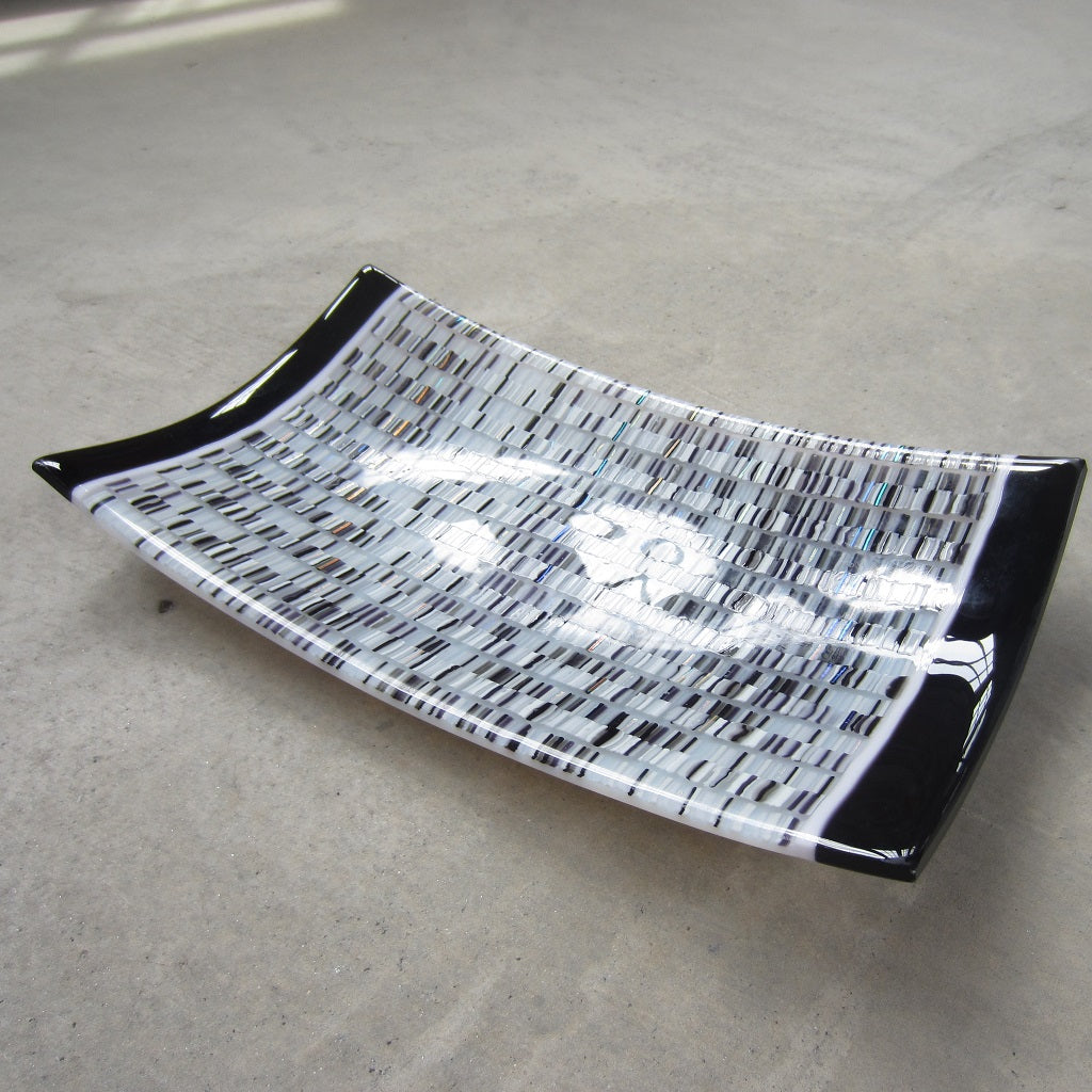 Rectangular Fused Glass Platter: Black and White Tapestry Pattern