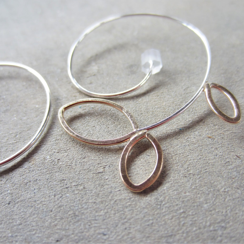 Asymmetrical Vine Spiral Hoops in Mixed Metals