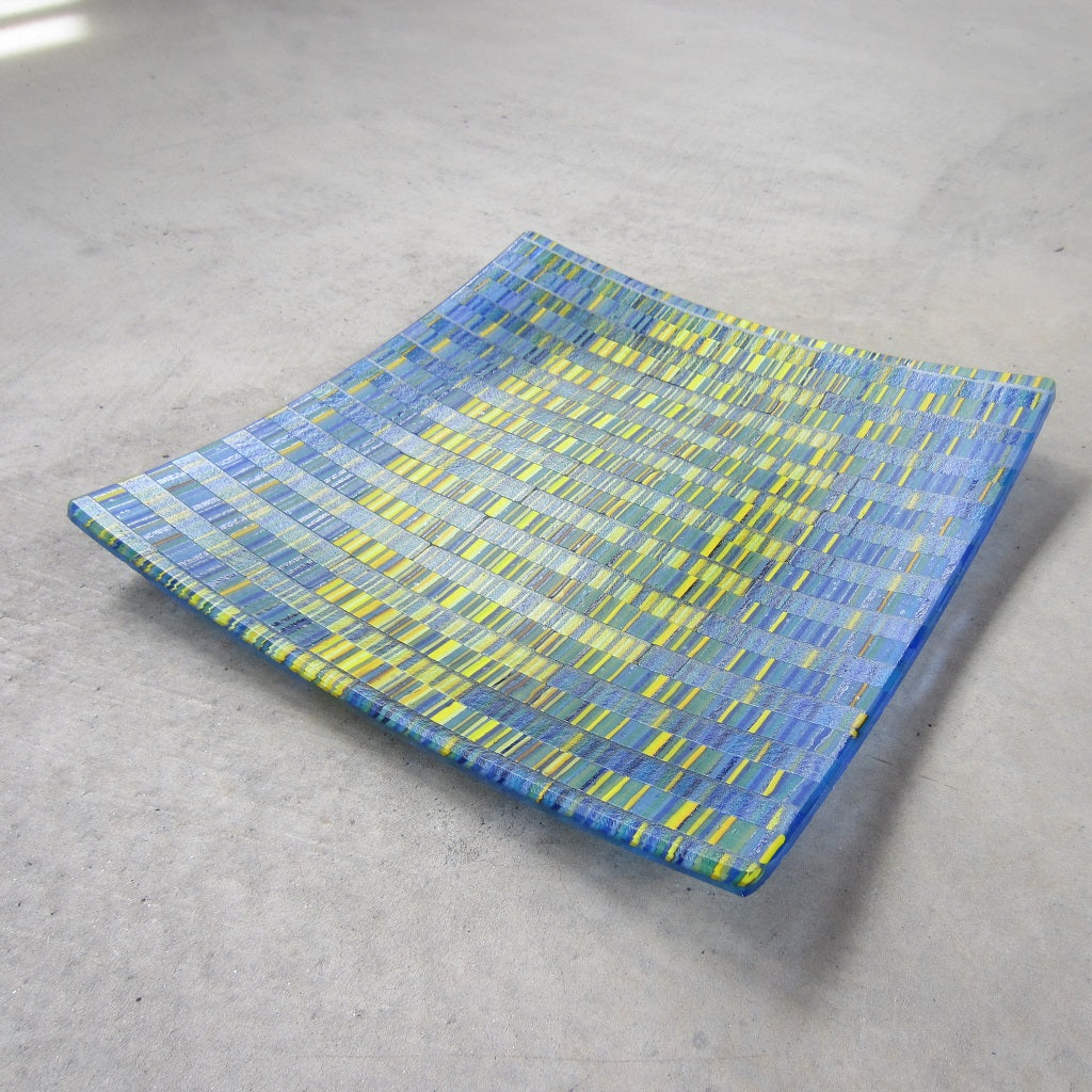 Square Fused Glass Platter: Blue and Yellow Tapestry Pattern
