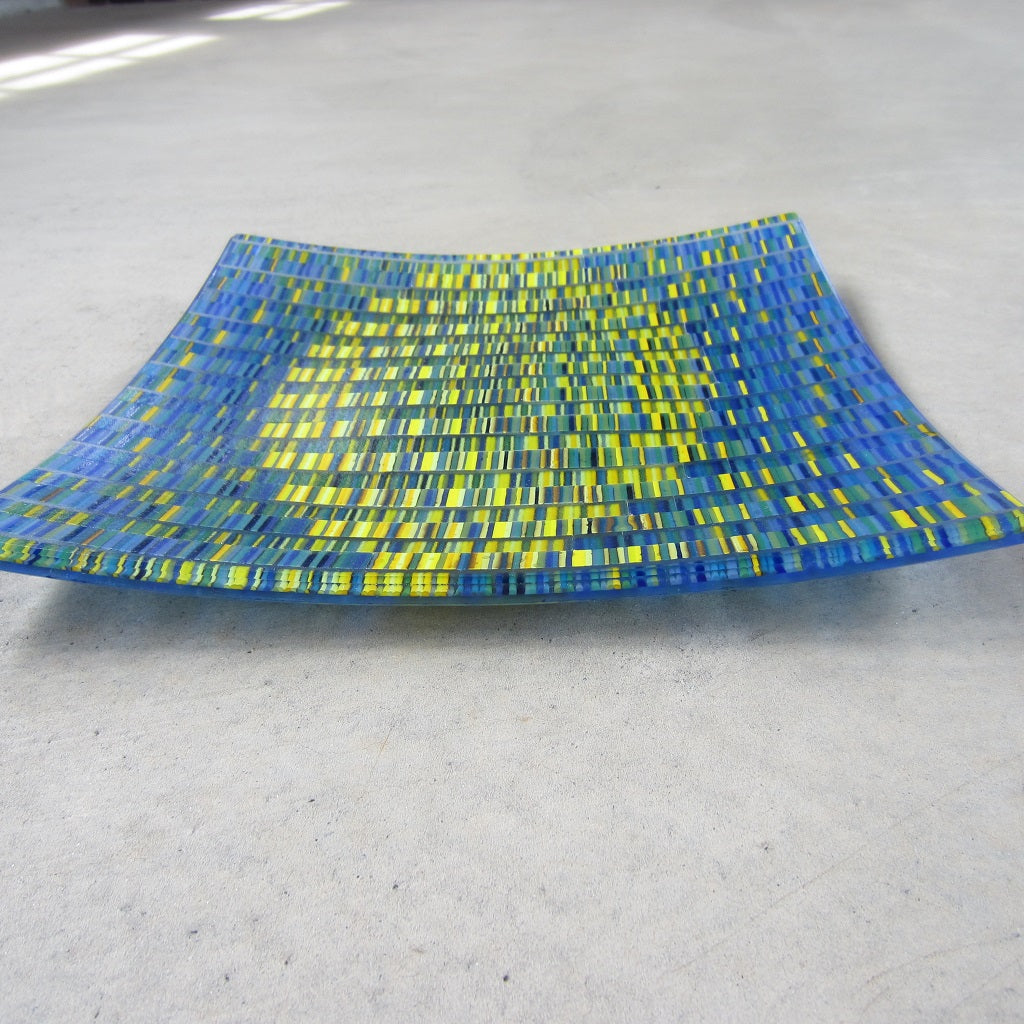 Square Fused Glass Platter: Blue and Yellow Tapestry Pattern