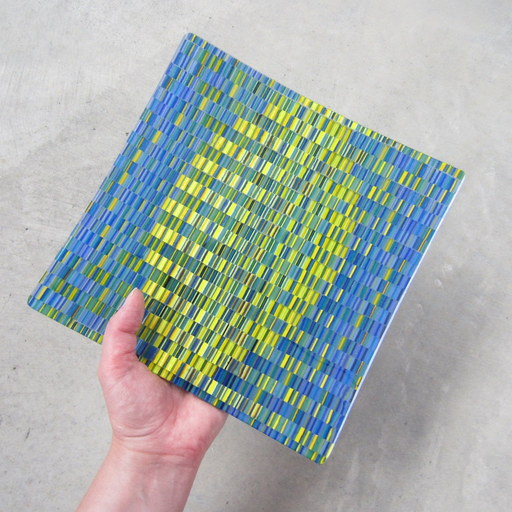 Square Fused Glass Platter: Blue and Yellow Tapestry Pattern