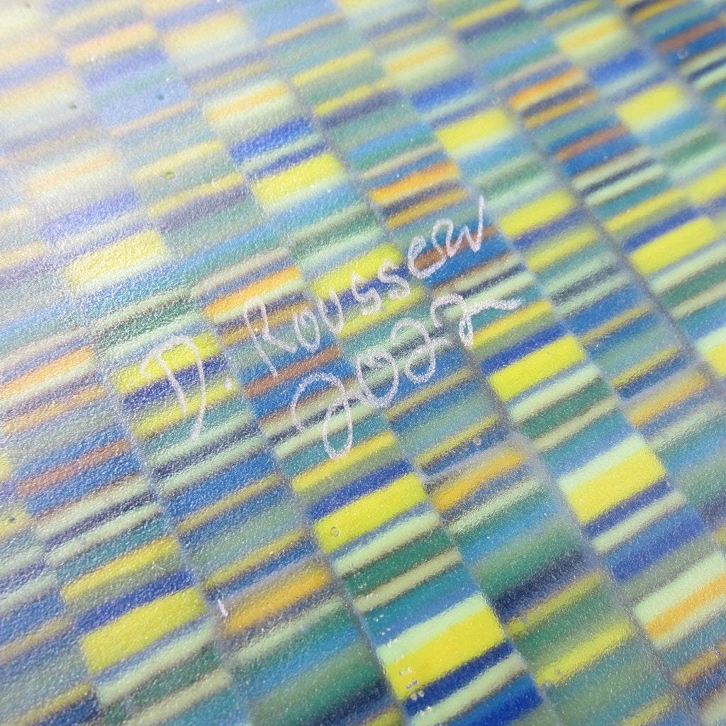 Square Fused Glass Platter: Blue and Yellow Tapestry Pattern