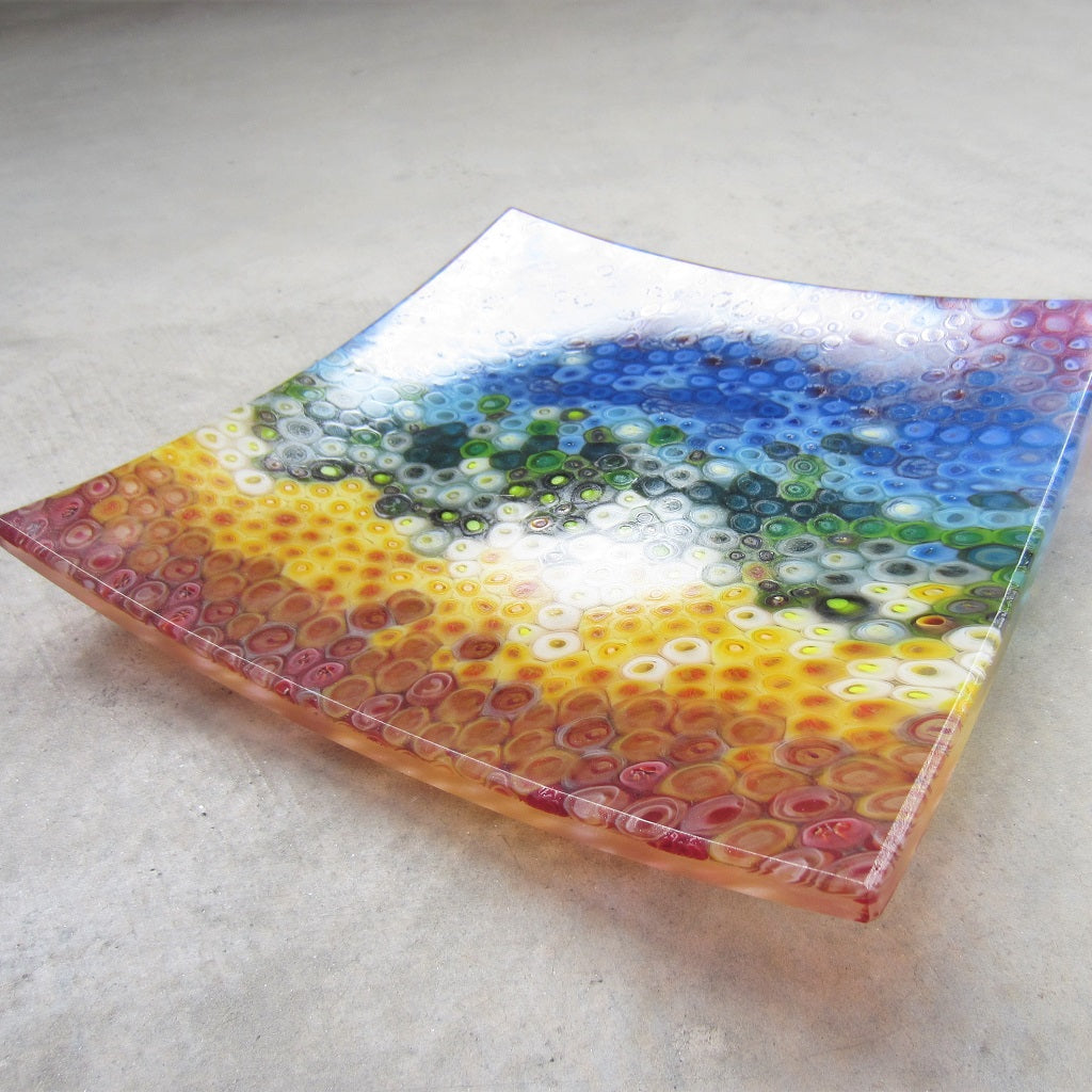 Square Fused Glass Platter: Rainbow Cell Pattern
