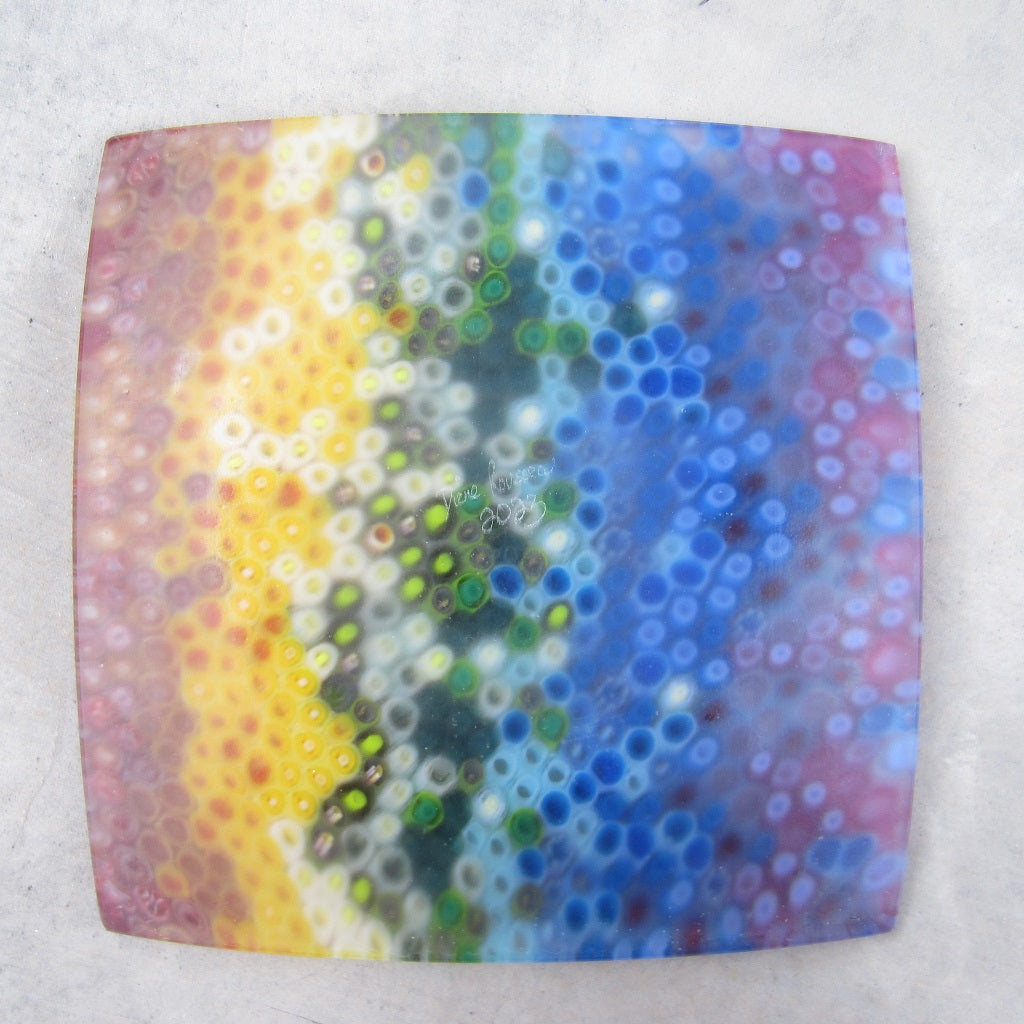 Square Fused Glass Platter: Rainbow Cell Pattern