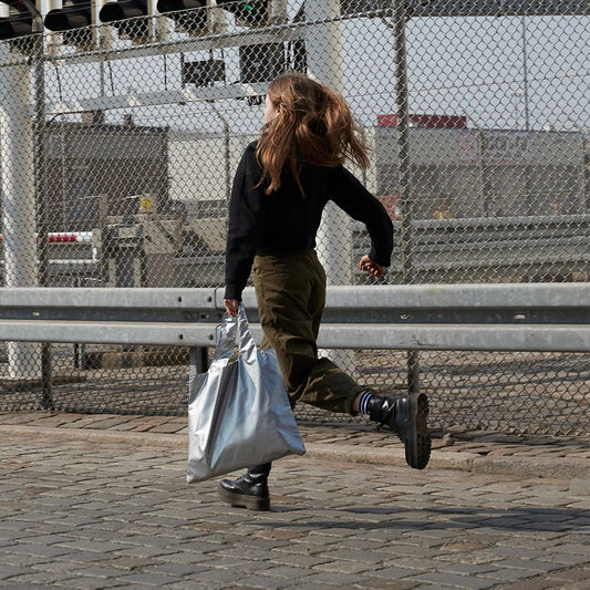 Recycled Tote Bag with Pouch: Silver Metallic Bag with Zip Pocket