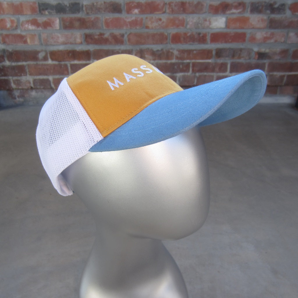 MASS MoCA Two-Tone Trucker Hat: Mustard Yellow and Blue