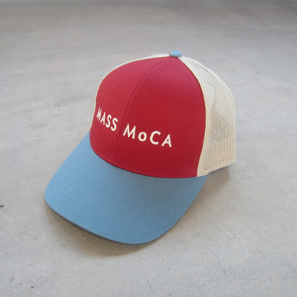 MASS MoCA Two-Tone Trucker Hat: Wine Red and Steel Blue