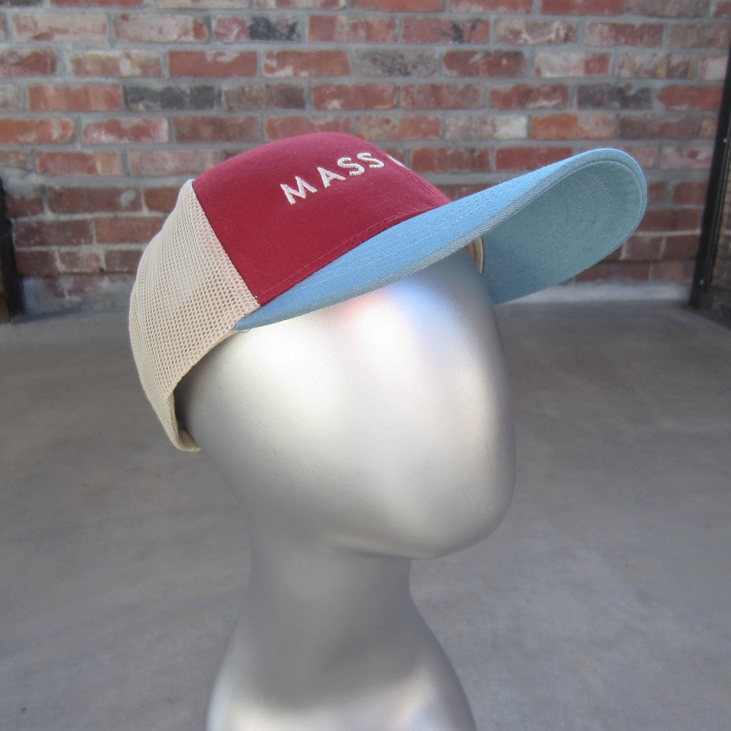 MASS MoCA Two-Tone Trucker Hat: Wine Red and Steel Blue