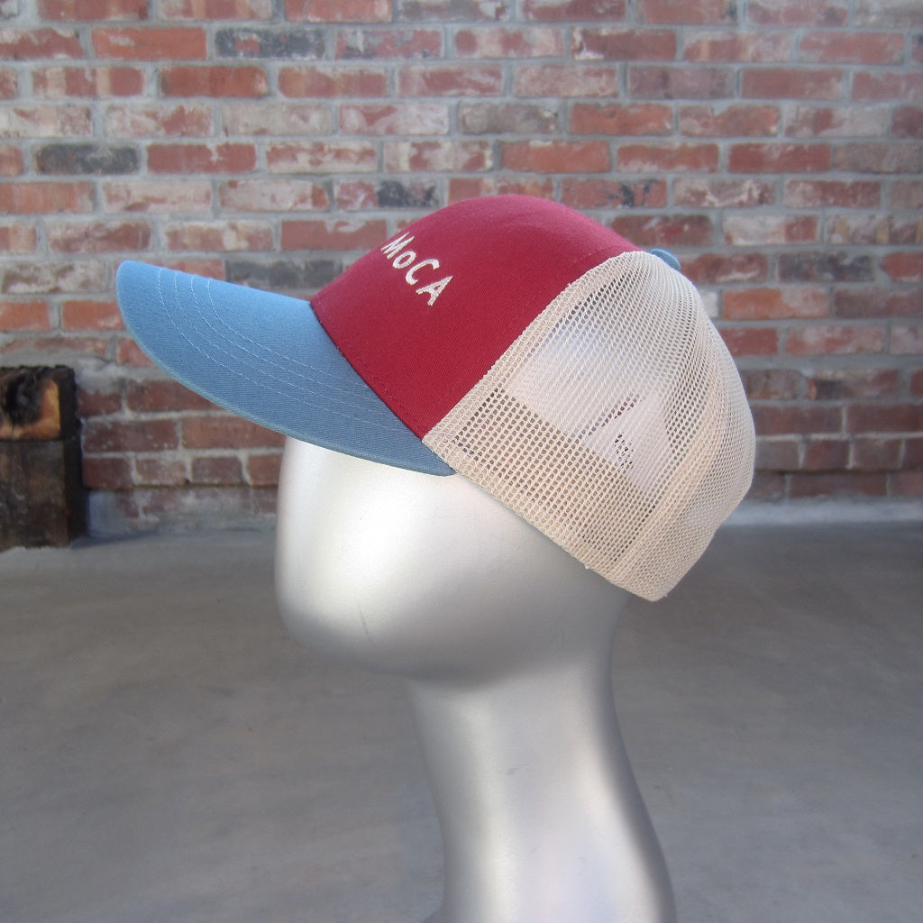 MASS MoCA Two-Tone Trucker Hat: Wine Red and Steel Blue