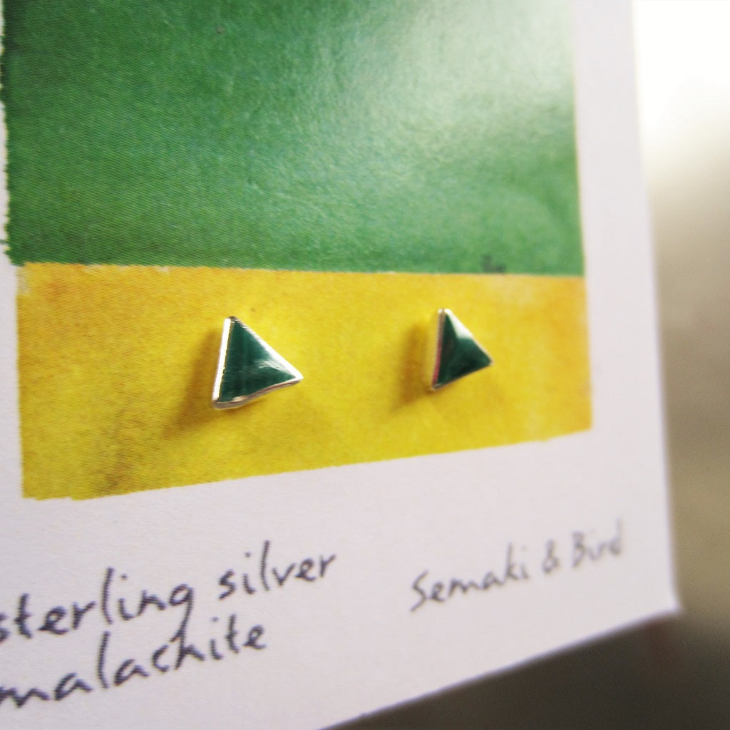 Abstract Studs: Silver and Malachite Triangles