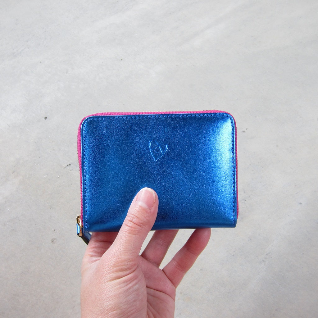 Bella Mini Wallet: Blue with Fuchsia Zipper