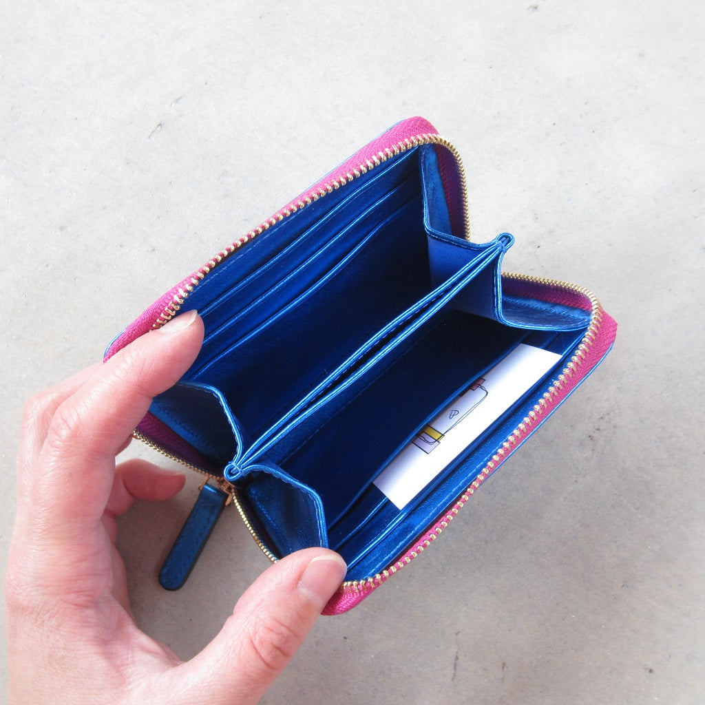 Bella Mini Wallet: Blue with Fuchsia Zipper