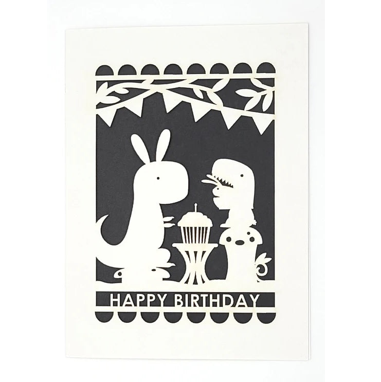 Laser Cut Greeting Card: Happy Birthday Dino and Bunny