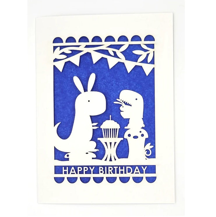 Laser Cut Greeting Card: Happy Birthday Dino and Bunny