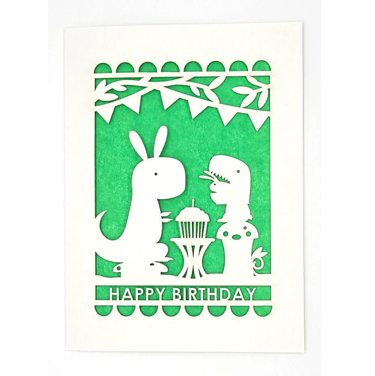 Laser Cut Greeting Card: Happy Birthday Dino and Bunny
