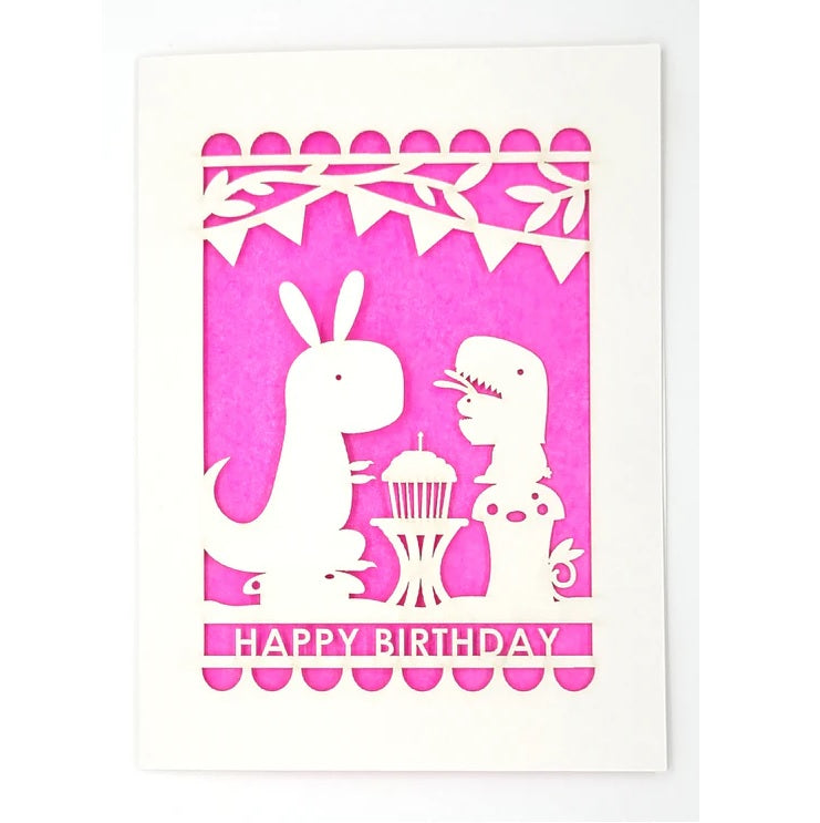 Laser Cut Greeting Card: Happy Birthday Dino and Bunny